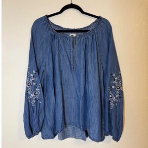 LC Lauren Conrad Tie-Front Peasant Top Blouse Blue Boho Embroidered Size XL
